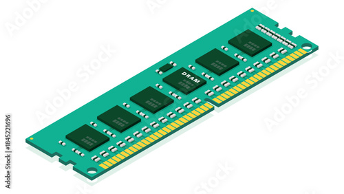 Isometric view of DRAM memory module structure used for AI processing high performance computing and advanced computer systems