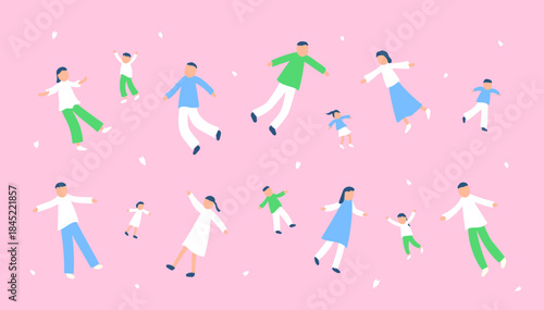 春の宙に浮かぶ人々のイラストセット