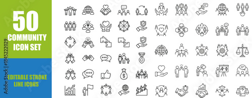 Community Icon Set: Editable Line Icons for Social Connection, Diversity, and Networking - Vector Illustration Containing Friendship, Relationship, Social Group, Diverse People, Family, Love, Heart, N