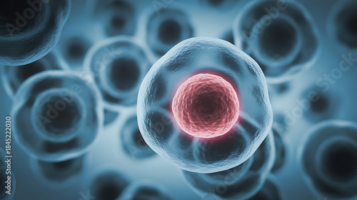 Single biological cell with glowing red nucleus in a cluster of cells biology science
