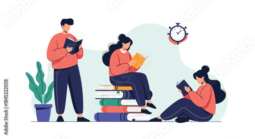 Three students study and read together around a stack of colorful books with a clock on the wall and a potted plant to create focused learning atmosphere.