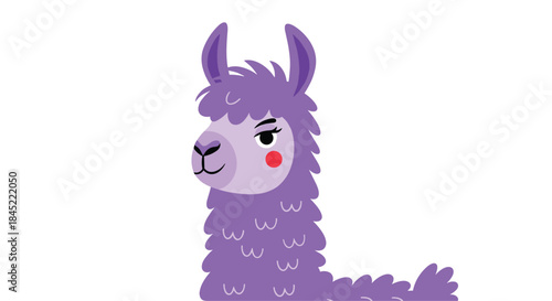 Purple cartoon llama character stands proudly against a clean white background with fluffy fur distinctive markings a cheerful expression and a playful vibe.