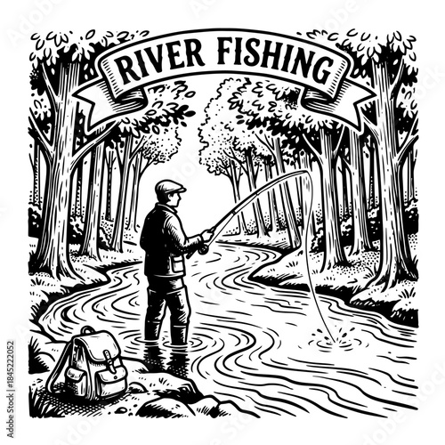 Man river fishing with rod and tackle box.