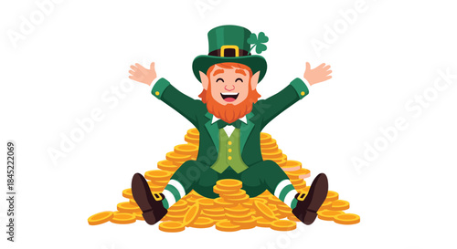 Joyful leprechaun sits atop a cheerful pile of gleaming gold coins with arms raised in celebration in a vibrant St Patrick day scene full of whimsy and luck.