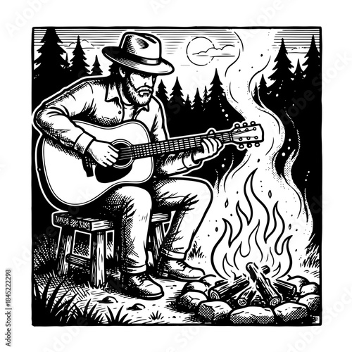 Man playing guitar by campfire in forest at night.