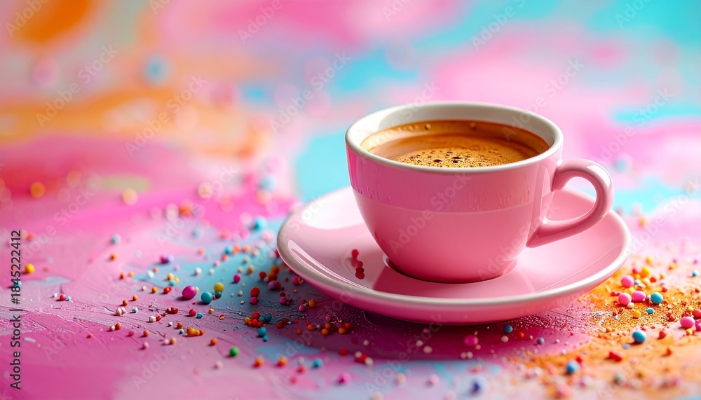 Fototapeta premium Pink coffee cup with frothy espresso on pastel background, surrounded by colorful sprinkles and candy balls.