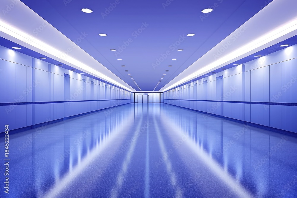 Fototapeta premium modern blue and white hospital corridor with smooth walls and reflective floor for medical design