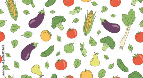 Colorful seamless pattern of vegetables including tomatoes corn eggplant broccoli peppers and leafy greens arranged in a lively repeating design.