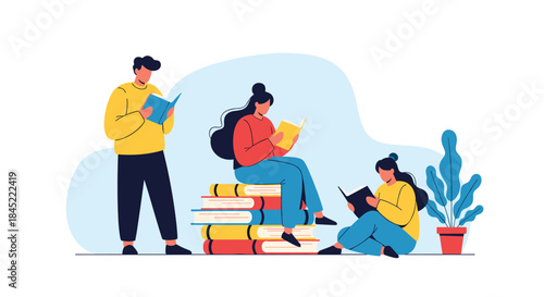 Three readers study and read together in a bright playful scene with a tall stack of books and a potted plant adding color and life to the illustration.