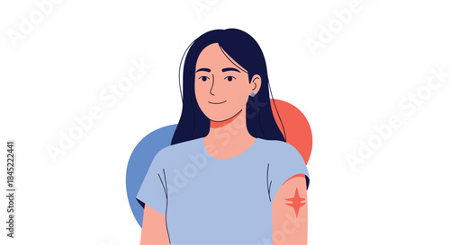Portrait of a young woman with long dark hair wearing a light blue tee and a small arm tattoo visible against abstract blue and red shapes.