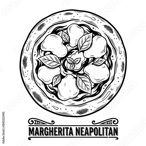 pizza, margherita, food, italian, neapolitan, illustration, vector, sketch, drawing, engraving, basil, cheese, mozzarella, tomato, meal, dinner, lunch, restaurant, menu, vintage, retro, black and whit