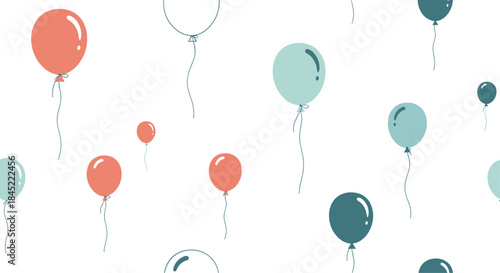 Pastel colored balloons drift across a white background creating a playful festive scene with soft teal pink and coral tones.
