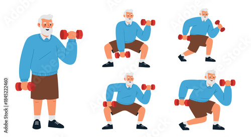 Older man in a blue sweater and brown shorts performs multiple dumbbell exercises showing strength balance and focus during a simple home workout scene.