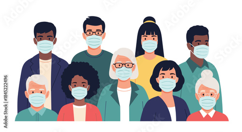 Group of diverse people wearing protective face masks standing together symbolizing community health and safety during a public health moment.