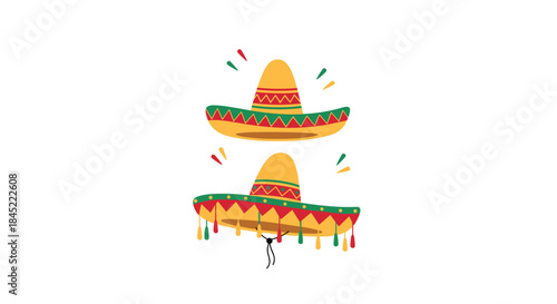 Two bright sombreros in vibrant colors float against a clean white background evoking lively Mexican celebrations and festive cultural heritage.