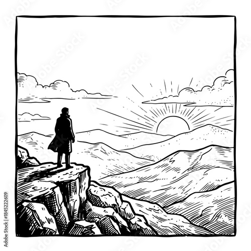 Hand-drawn engraving style illustration of a man standing on a cliff edge watching the sunrise over mountains.