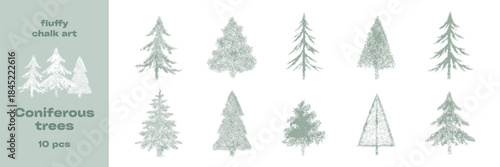 Fluffy Chalk Art Coniferous Trees Set for Winter and Holiday Designs, Perfect for Seasonal Decorations and Nature Projects