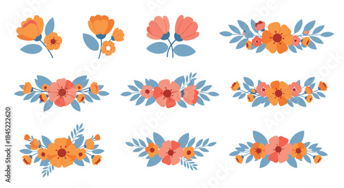 Vibrant orange and blue floral motifs are arranged into elaborate decorative patterns suitable for greetings cards banners branding and graphic design projects.