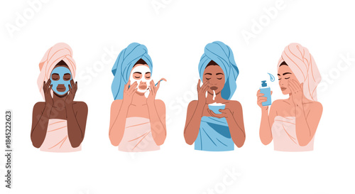 Four women with towels and head wraps perform a step by step facial skincare routine featuring masks cleansing bowls and sprays in a spa inspired illustration.