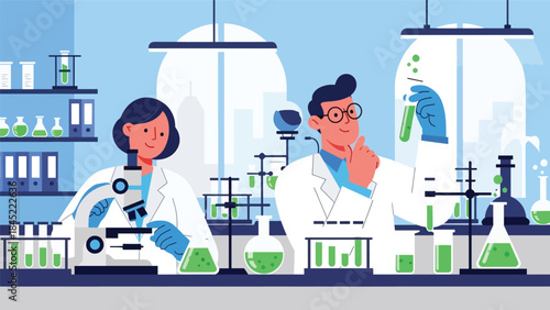 Scientists working in a modern research laboratory with test tubes and microscopes, flat vector illustration, ideal for science, research, and education concepts