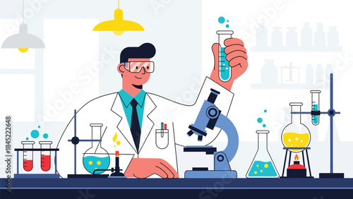 Scientists working in a modern research laboratory with test tubes and microscopes, flat vector illustration, ideal for science, research, and education concepts