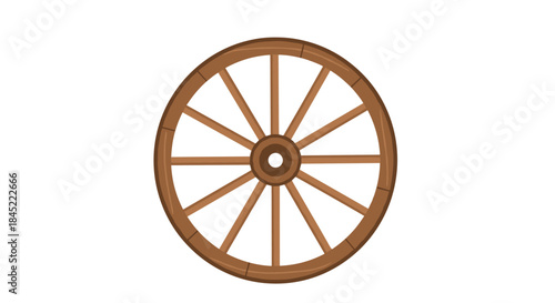 Rustic wooden wagon wheel with spokes radiating from a central hub stands against a plain background symbolizing rustic travel and historic transport.