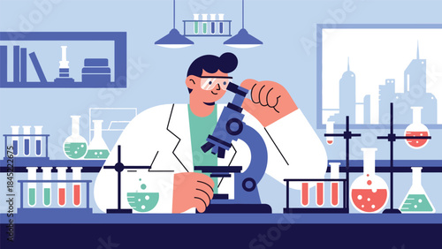 Scientists working in a modern research laboratory with test tubes and microscopes, flat vector illustration, ideal for science, research, and education concepts