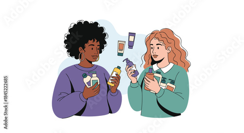 Two friends compare beauty products and skincare items while shopping and sharing tips in a colorful casual scene that feels friendly and creative.