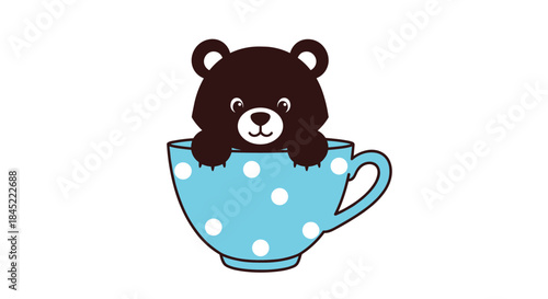 Friendly bear peeks over the rim of a blue polka dot teacup in a charming whimsical scene that would delight children and brighten playful home decor.
