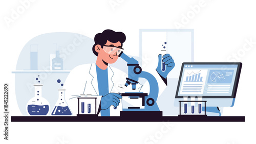 Scientists working in a modern research laboratory with test tubes and microscopes, flat vector illustration, ideal for science, research, and education concepts