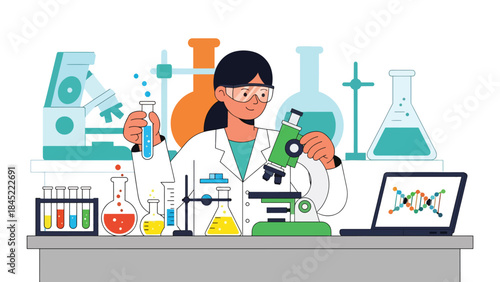 Scientists working in a modern research laboratory with test tubes and microscopes, flat vector illustration, ideal for science, research, and education concepts