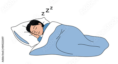 Person sleeping peacefully under a blue blanket in a cozy bed with a pillow supporting the head and a calm restful posture throughout a quiet night.