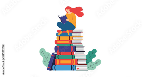 Colorful illustration shows a person perched on a tall stack of books reading a book surrounded by leaves and a sense of curiosity and learning.