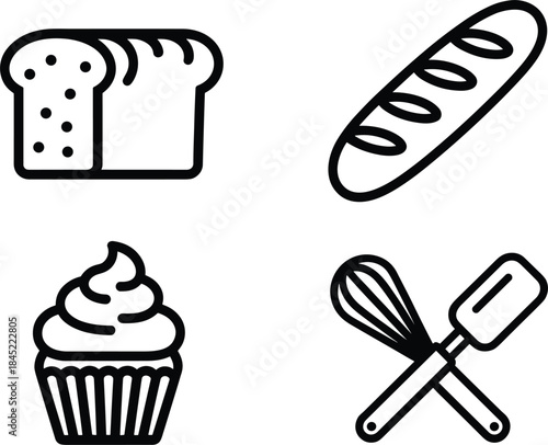 Four black and white icons of baked goods and baking tools Keywords: bread, loaf, baguette, cupcake, muffin, whisk, spatula