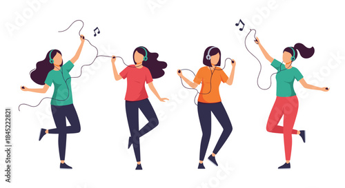 Four people wearing headphones dance together in a vibrant playful scene as they move to music and express joy through energetic steps.