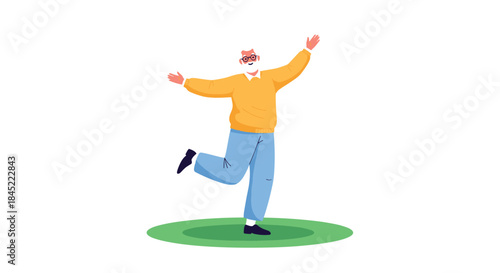 Cheerful man in an orange sweater leaps with arms spread wide over a small green lawn enjoying a carefree sunny moment today.