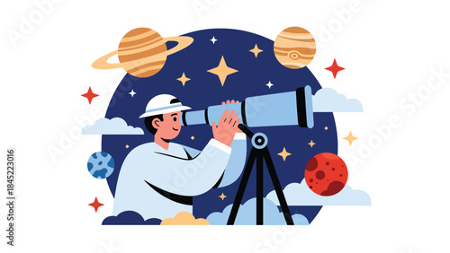 Astronomy research with telescope and planets, modern flat vector illustration, ideal for space science, education, and exploration themes