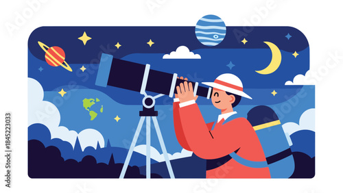 Astronomy research with telescope and planets, modern flat vector illustration, ideal for space science, education, and exploration themes