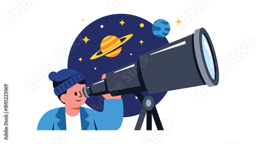 Astronomy research with telescope and planets, modern flat vector illustration, ideal for space science, education, and exploration themes
