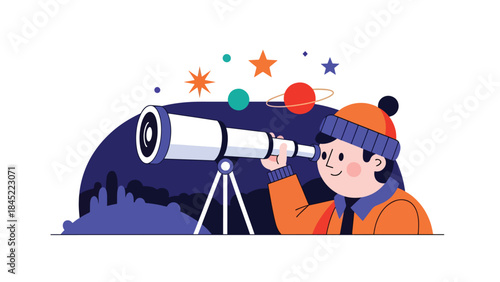Astronomy research with telescope and planets, modern flat vector illustration, ideal for space science, education, and exploration themes