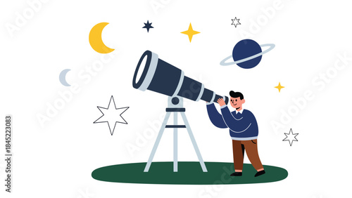 Astronomy research with telescope and planets, modern flat vector illustration, ideal for space science, education, and exploration themes