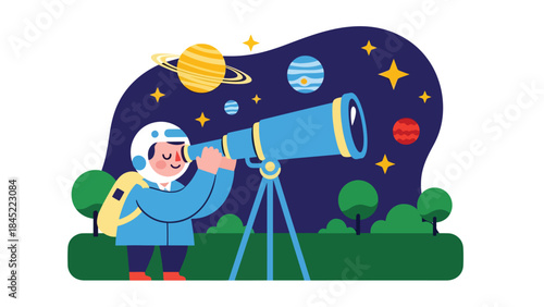 Astronomy research with telescope and planets, modern flat vector illustration, ideal for space science, education, and exploration themes