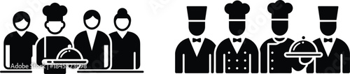 Icons of Chefs and Waitstaff in Uniforms Holding Serving Platters restaurant service