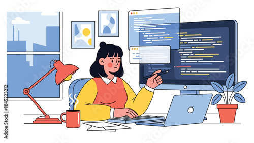 Flat illustration of a female software developer working at a desk with monitors, writing code, representing programming, remote work, and modern tech careers