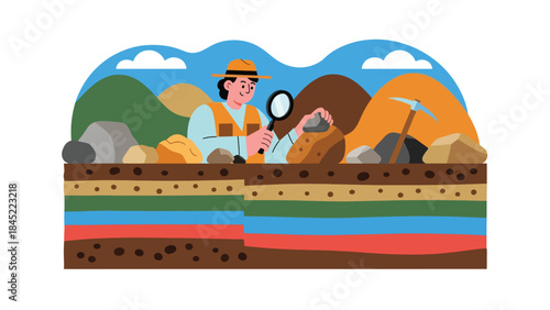 Vector illustration of a geologist examining rock layers outdoors with tools, representing geology research, mineral exploration, and fieldwork education in a natural landscape