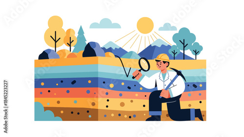 Vector illustration of a geologist examining rock layers outdoors with tools, representing geology research, mineral exploration, and fieldwork education in a natural landscape