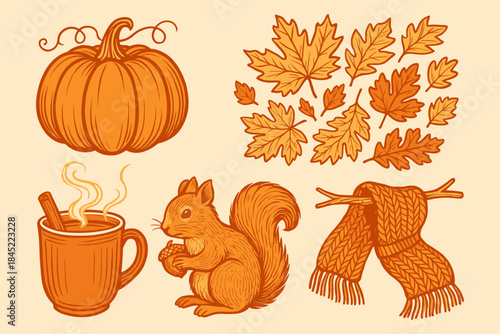 Autumn Vibes: Pumpkin, Squirrel, Leaves, Hot Drink, and Cozy Scarf