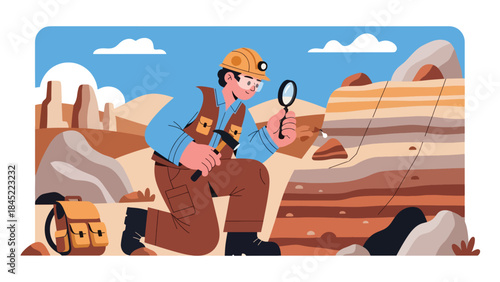 Vector illustration of a geologist examining rock layers outdoors with tools, representing geology research, mineral exploration, and fieldwork education in a natural landscape