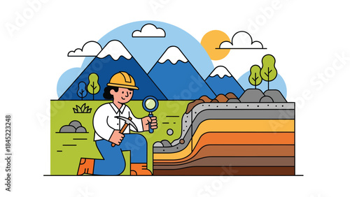 Vector illustration of a geologist examining rock layers outdoors with tools, representing geology research, mineral exploration, and fieldwork education in a natural landscape