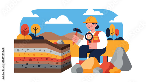 Vector illustration of a geologist examining rock layers outdoors with tools, representing geology research, mineral exploration, and fieldwork education in a natural landscape